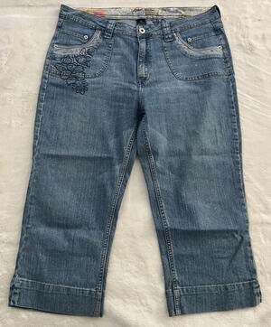 Kikit Jean Women Capri Jeans Size 12 Blue Embroidered Floral Stretch Denim Pants